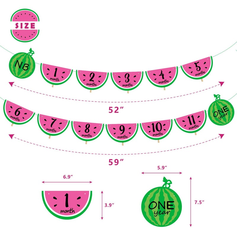 Joymee Watermelon Photo Banner 1-12 Month 1st Birthday Monthly Banner Baby Girl Photo Display Milestone Photograph Bunting Garland One In a Melon Summer Fruit Themed Party Supplies Decorations - Image 3